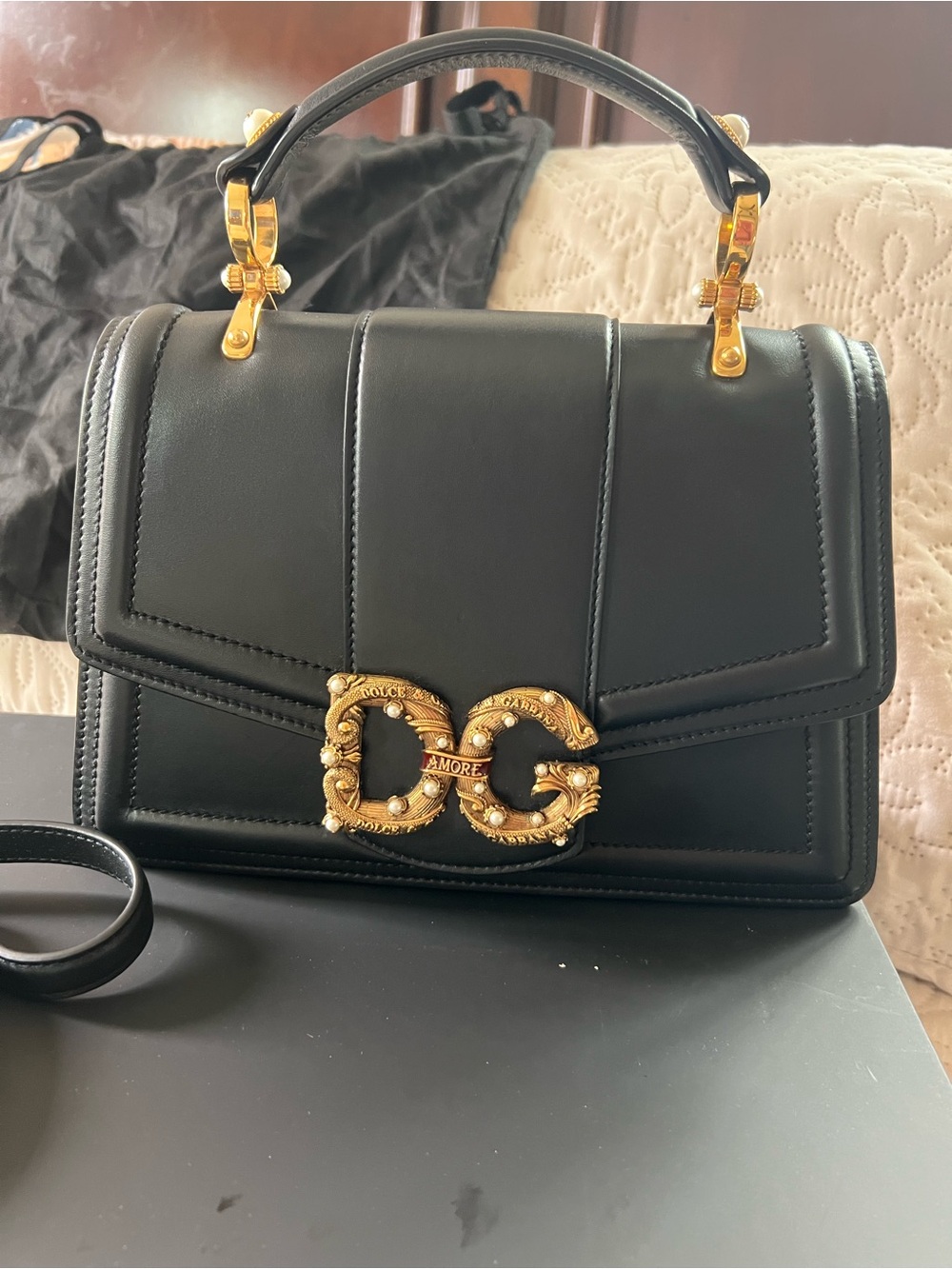 Dolce & Gabbana Black Leather DG Embellished Top-Handle Satchel